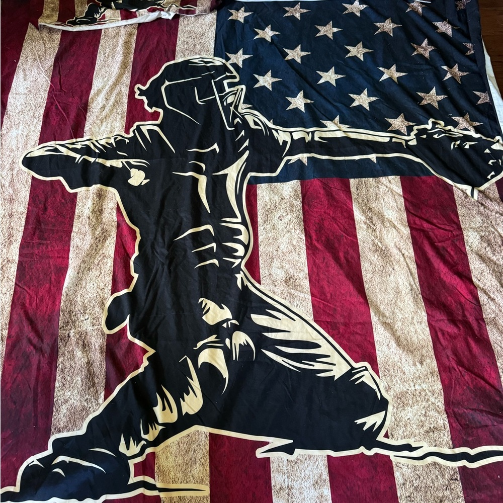 Patriotic Flag duvet cover with baseball/softball catcher Design